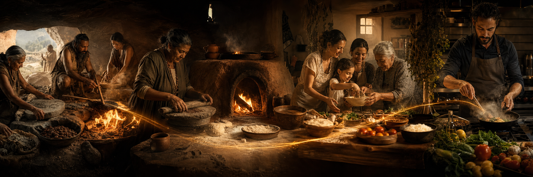 Cooking knowledge passing through generations from fire and hearth to a modern kitchen