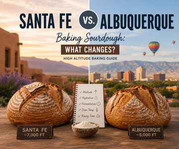 High-altitude sourdough baking guide comparing Santa Fe and Albuquerque, featuring artisan sourdough loaves, New Mexico landscapes, and baking factors like hydration, fermentation, and oven temperature.