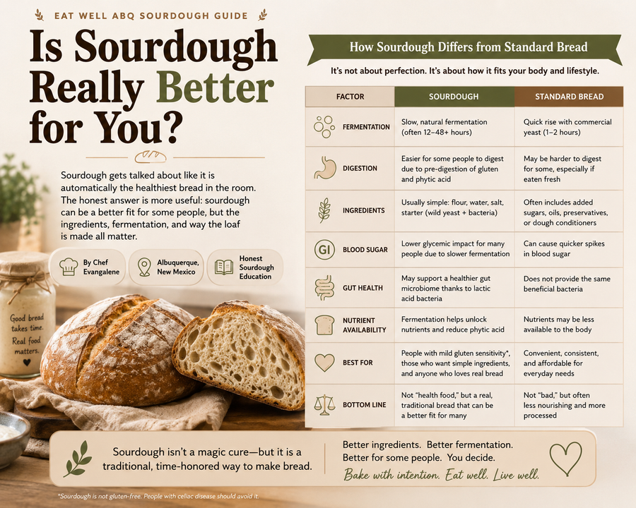 Educational sourdough bread graphic comparing sourdough and standard bread, featuring artisan loaves and a visual guide to fermentation, digestion, ingredients, gut health, blood sugar, and nutrient availability.