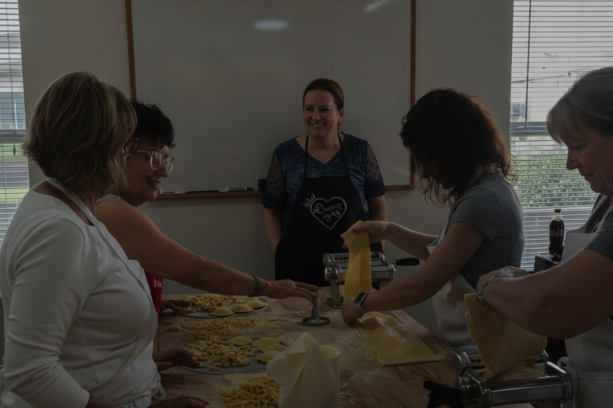 Students shaping handmade pasta during a sourdough pasta class at Eat Well ABQ