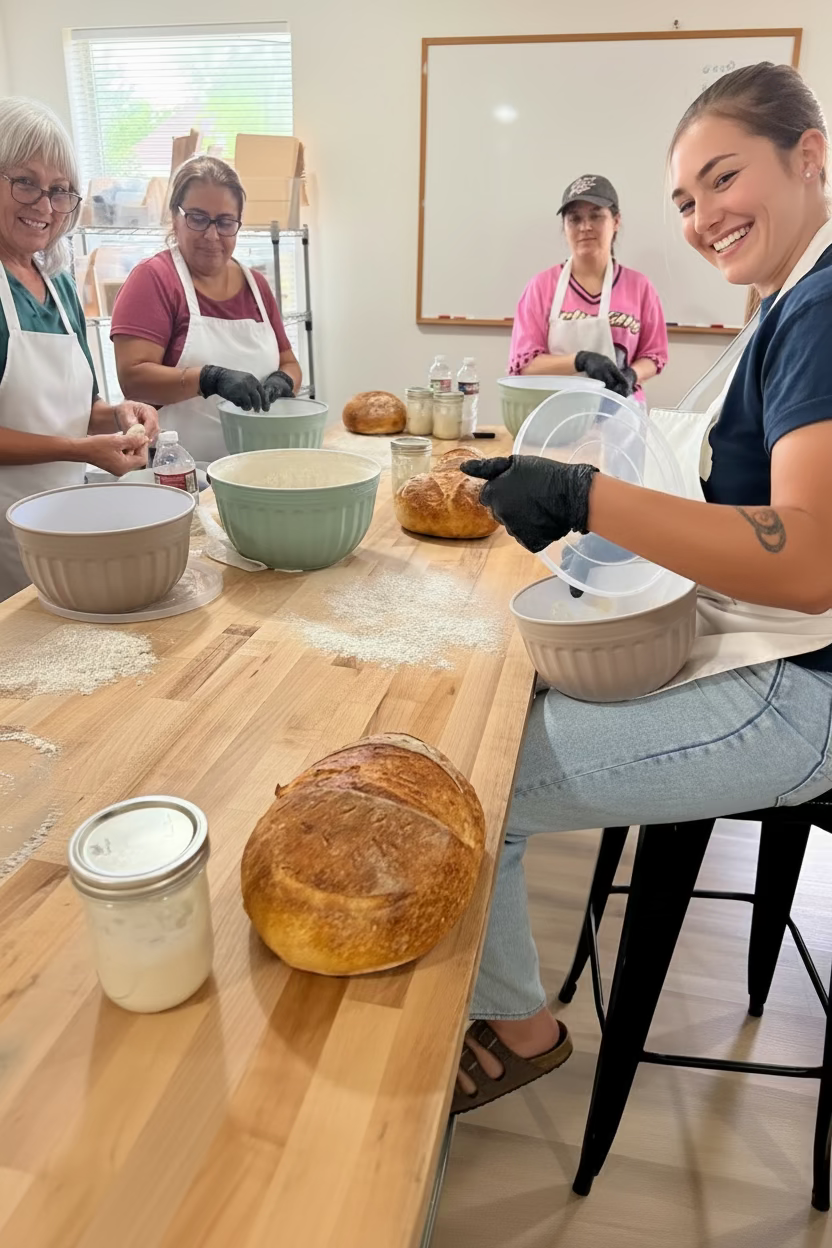 A group of people wearing white aprons and black gloves are baking together around a wooden table with bowls, flour, and freshly baked sourdough bread loaves in a bright kitchen setting.