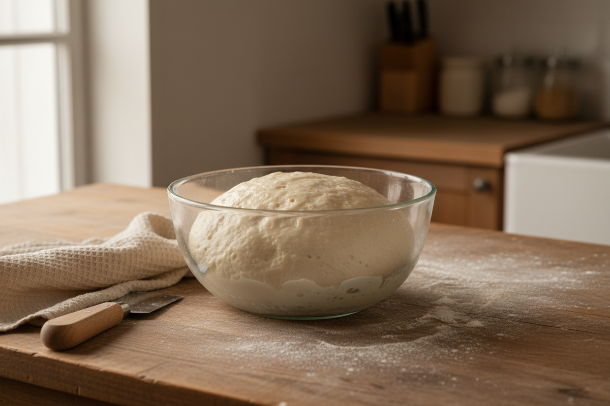 Sourdough dough being checked for proofing readiness at Eat Well ABQ